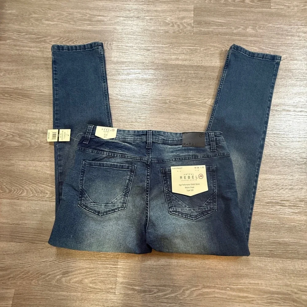 Artful Rebel Mens Slim Straight Jeans Gulf Blue Stretch Denim 36x32 NWT
